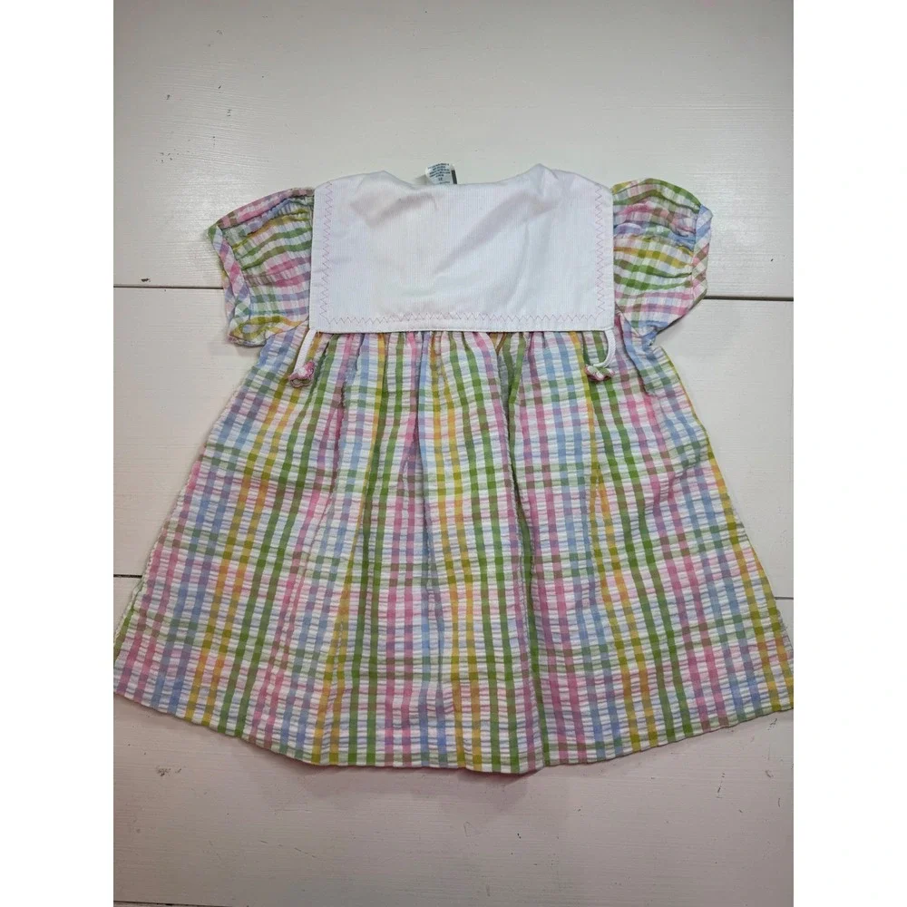 In Design Kids Vintage Pastel Rainbow Gingham Seersucker Dress 2T Sailor Collar